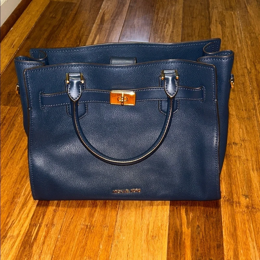 Michael Kors Navy Blue Large Satchel Tote Bag Gold Hardware